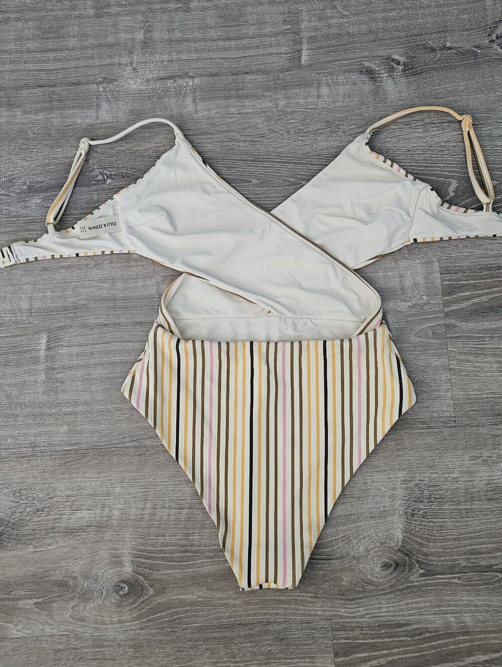 Zulu & Zephyr Mandarin Stripe Wrap Cutout One Piece Swimsuit Ribbed Beach Sz 6 - Picture 10 of 16